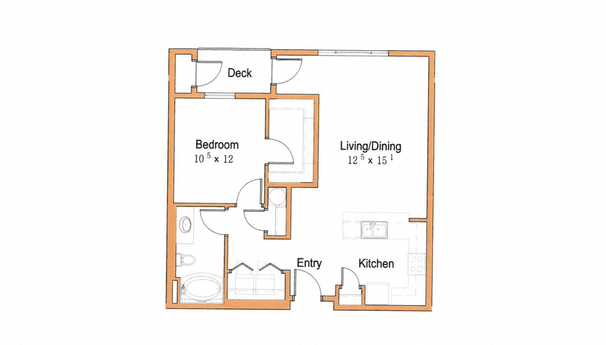 Floor plan for 1 bed, 1 bath, 809 sqft